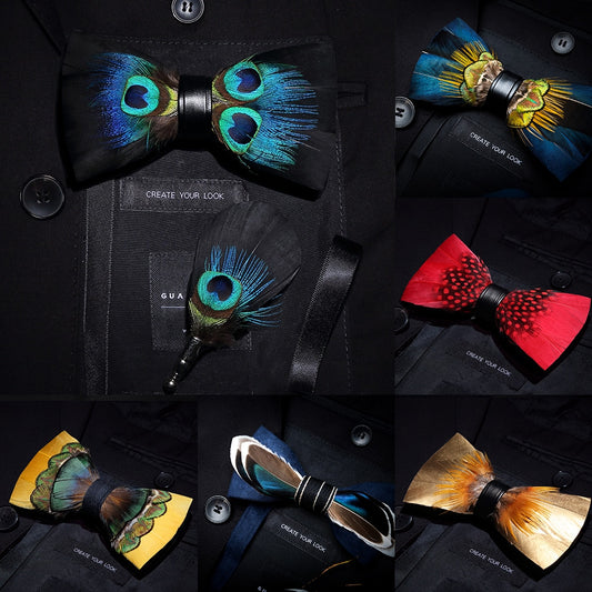 KAMBERFT Brand Men Bow-tie Brooch Set Feather Style Leather Bow Tie Adjustable Formal Tie Bowtie Wedding Party Best Gift